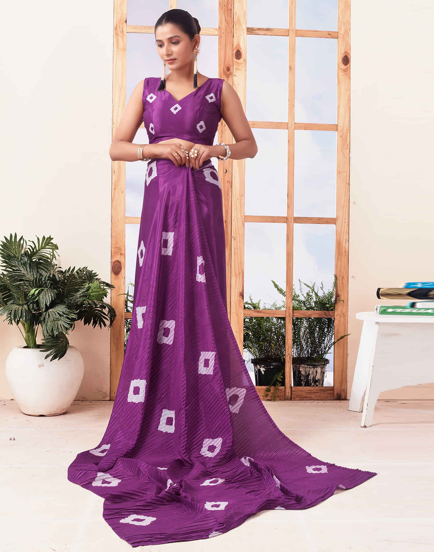 Ready To Wear Dark Purple Printed Silk Saree