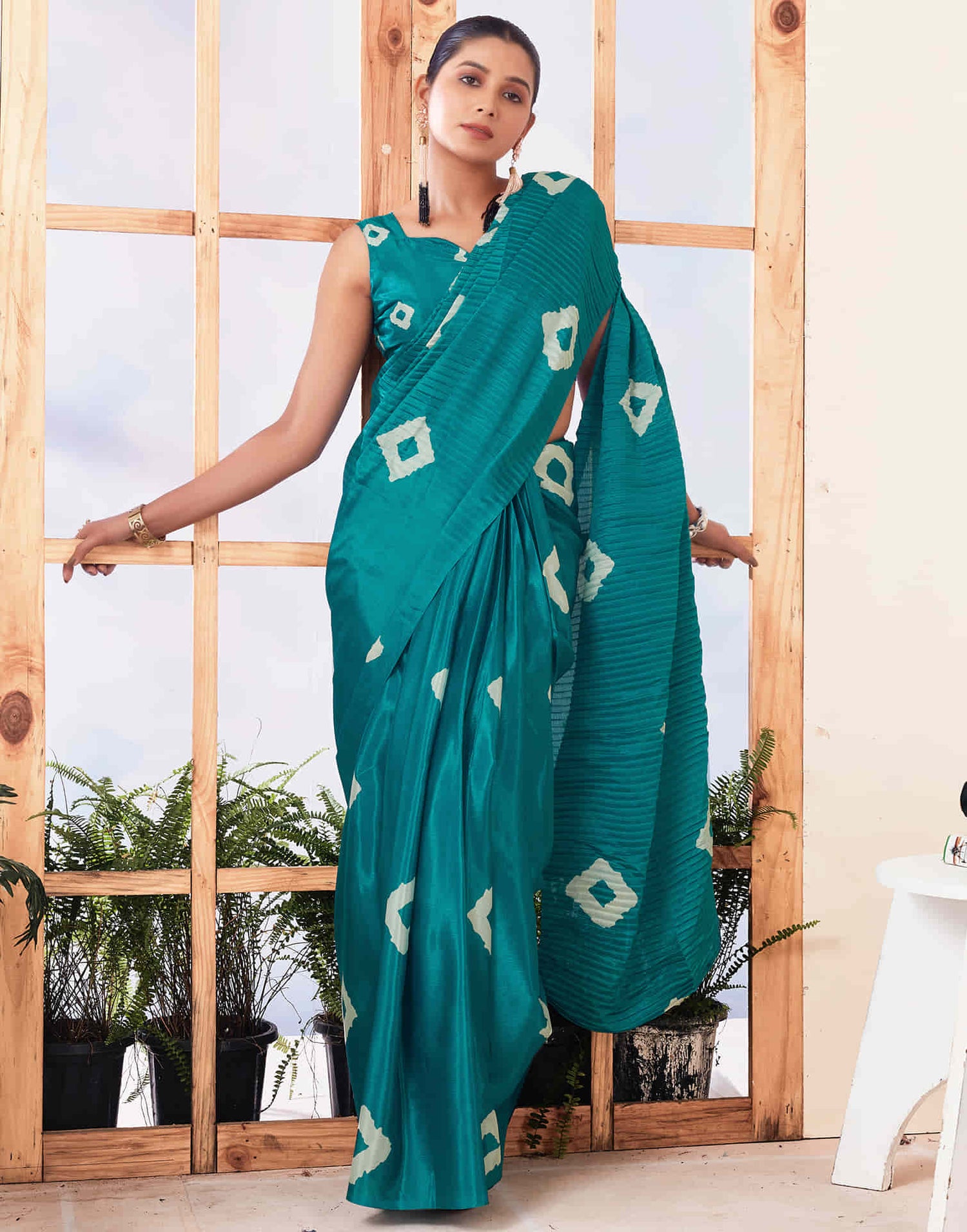 Ready To Wear Teal Green Printed Silk Saree