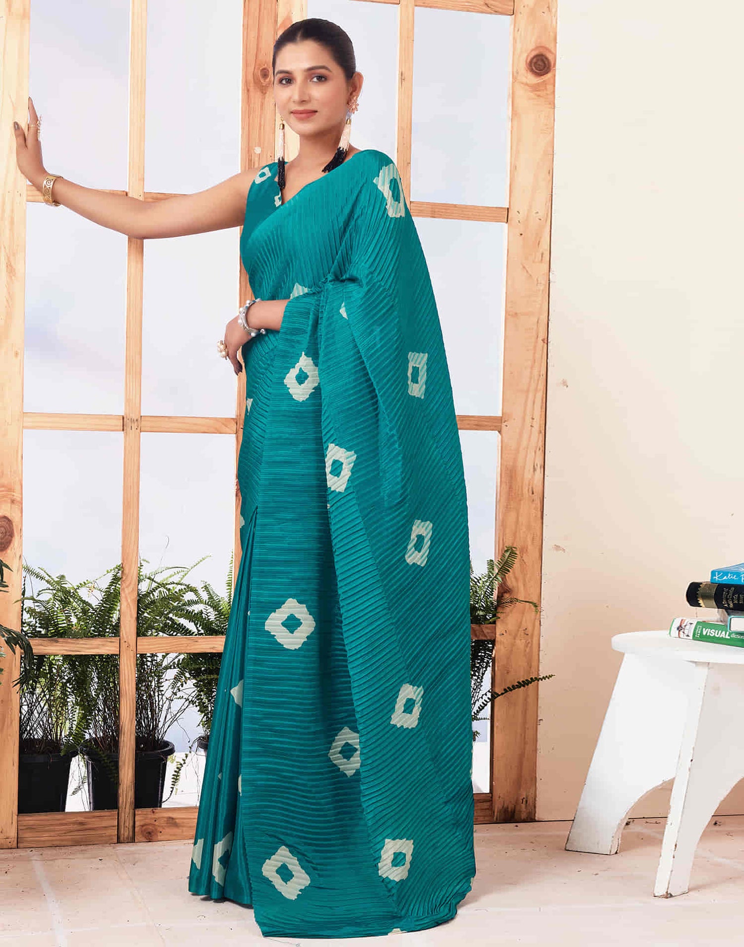 Ready To Wear Teal Green Printed Silk Saree