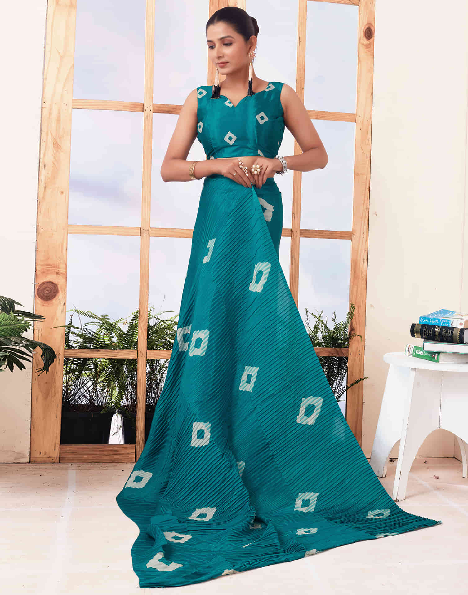 Ready To Wear Teal Green Printed Silk Saree