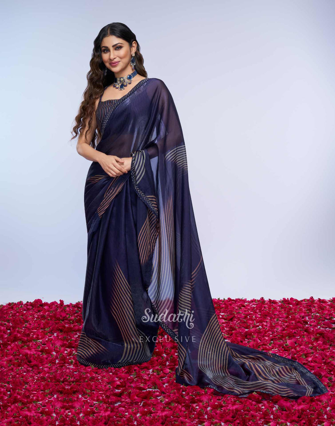 Mouni Roy Midnight Blue Gold Swarovski Saree