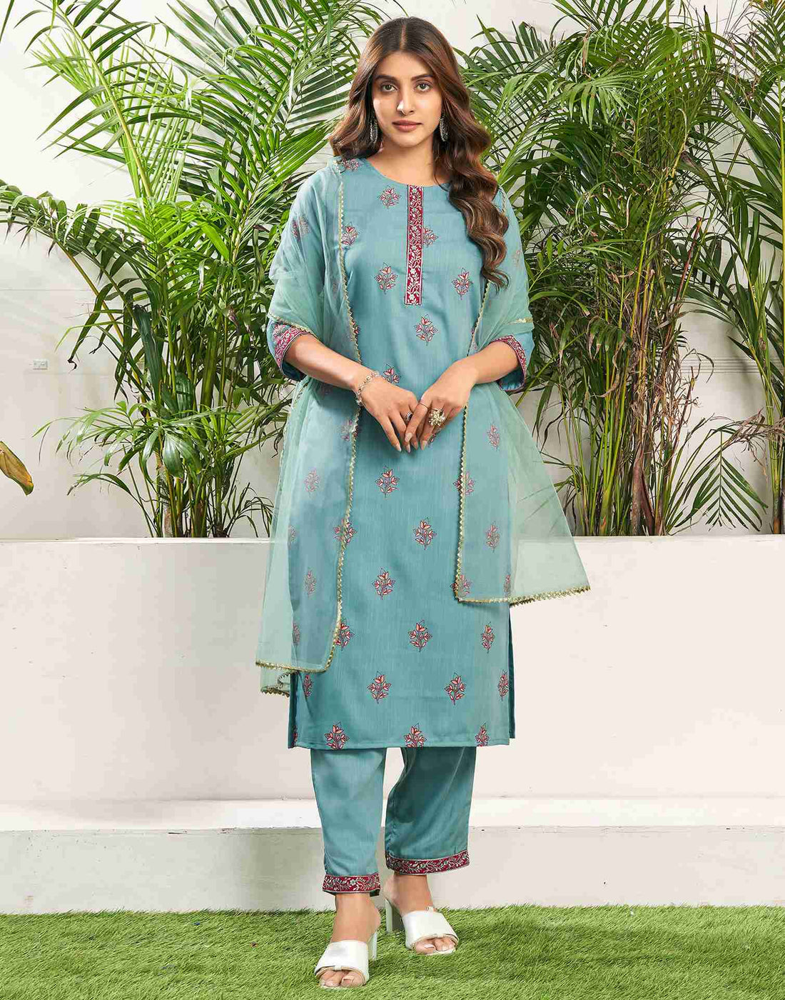 Blue Cotton Printed Straight Kurta Set With Dupatta