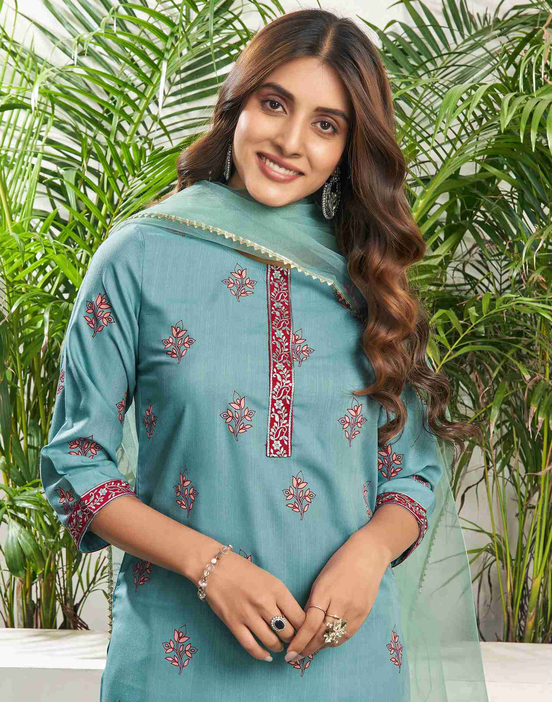 Blue Cotton Printed Straight Kurta Set With Dupatta