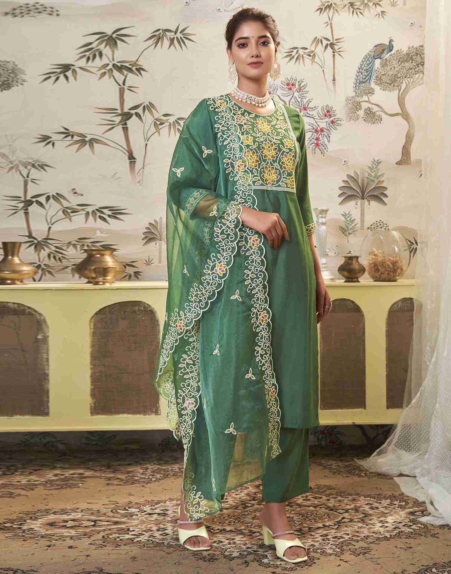 Pista Green Embroidery Chinnon Straight Kurta Set With Dupatta