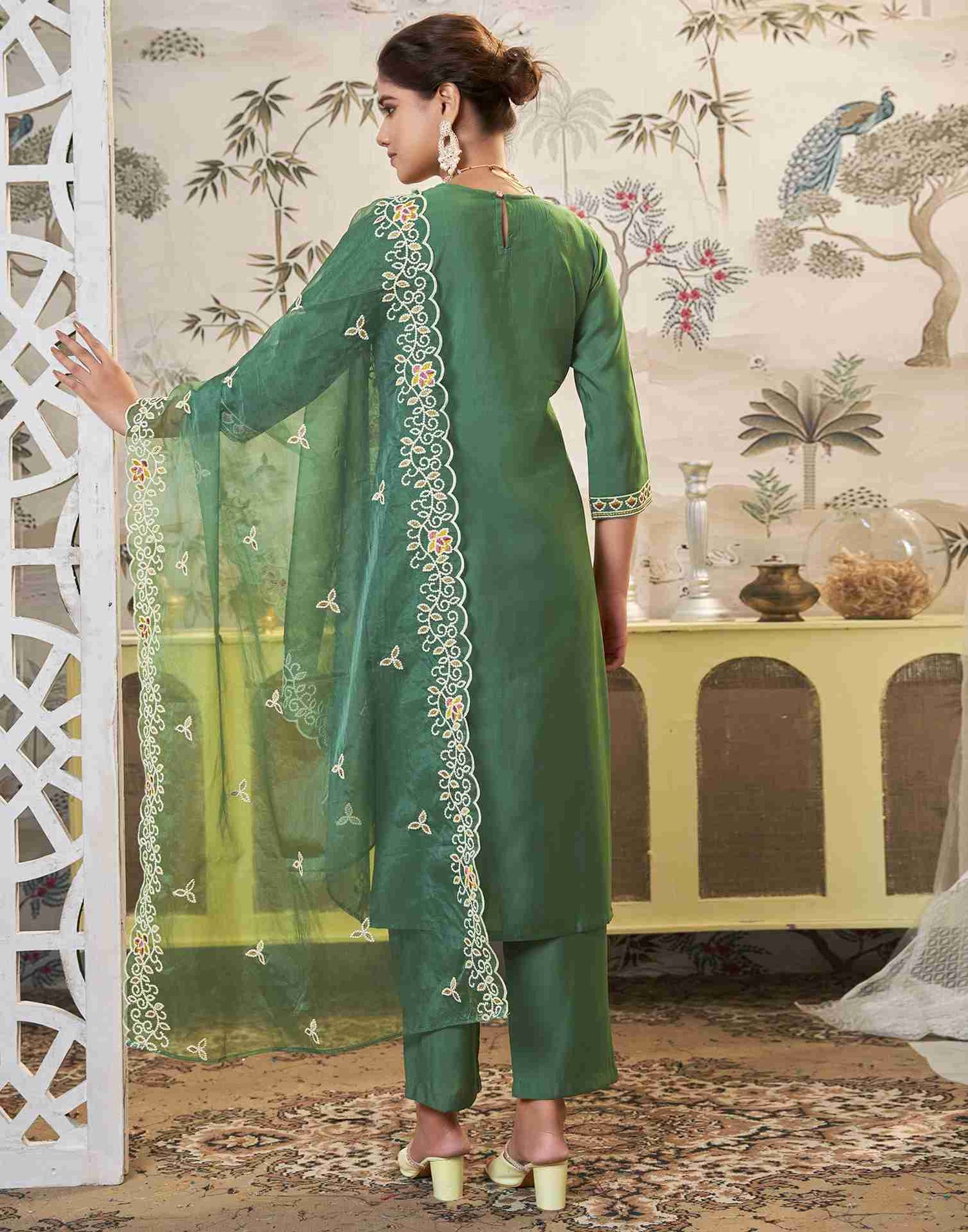 Pista Green Embroidery Chinnon Straight Kurta Set With Dupatta