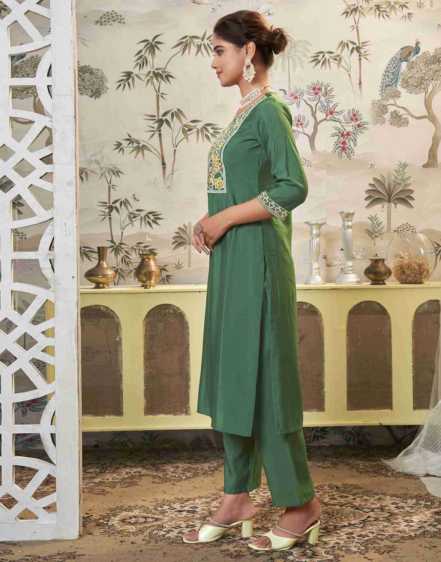 Pista Green Embroidery Chinnon Straight Kurta Set With Dupatta