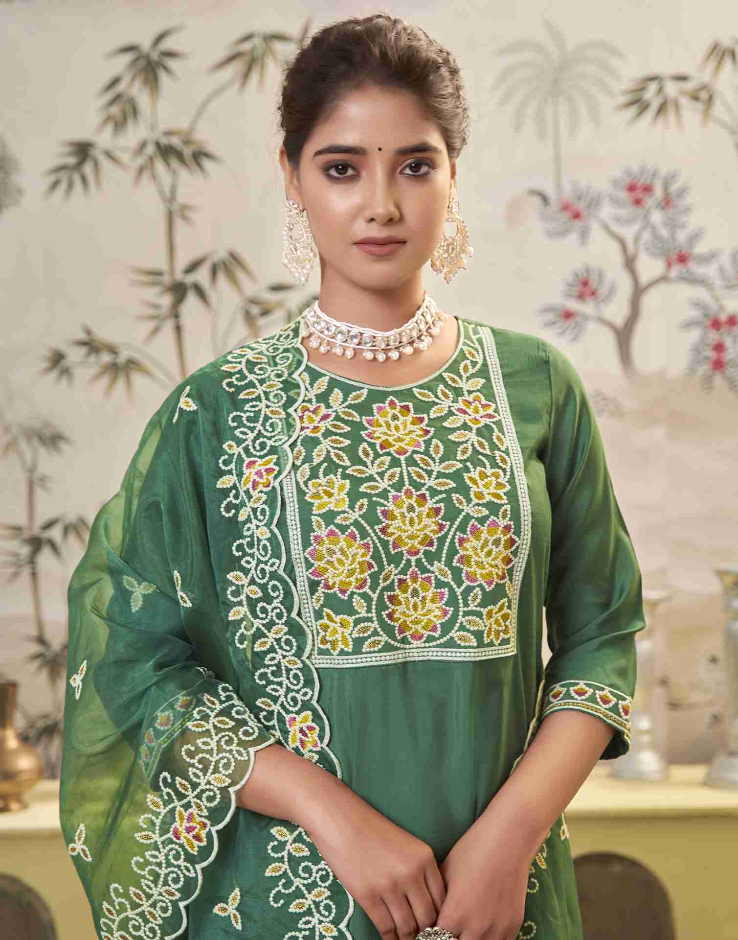 Pista Green Embroidery Chinnon Straight Kurta Set With Dupatta