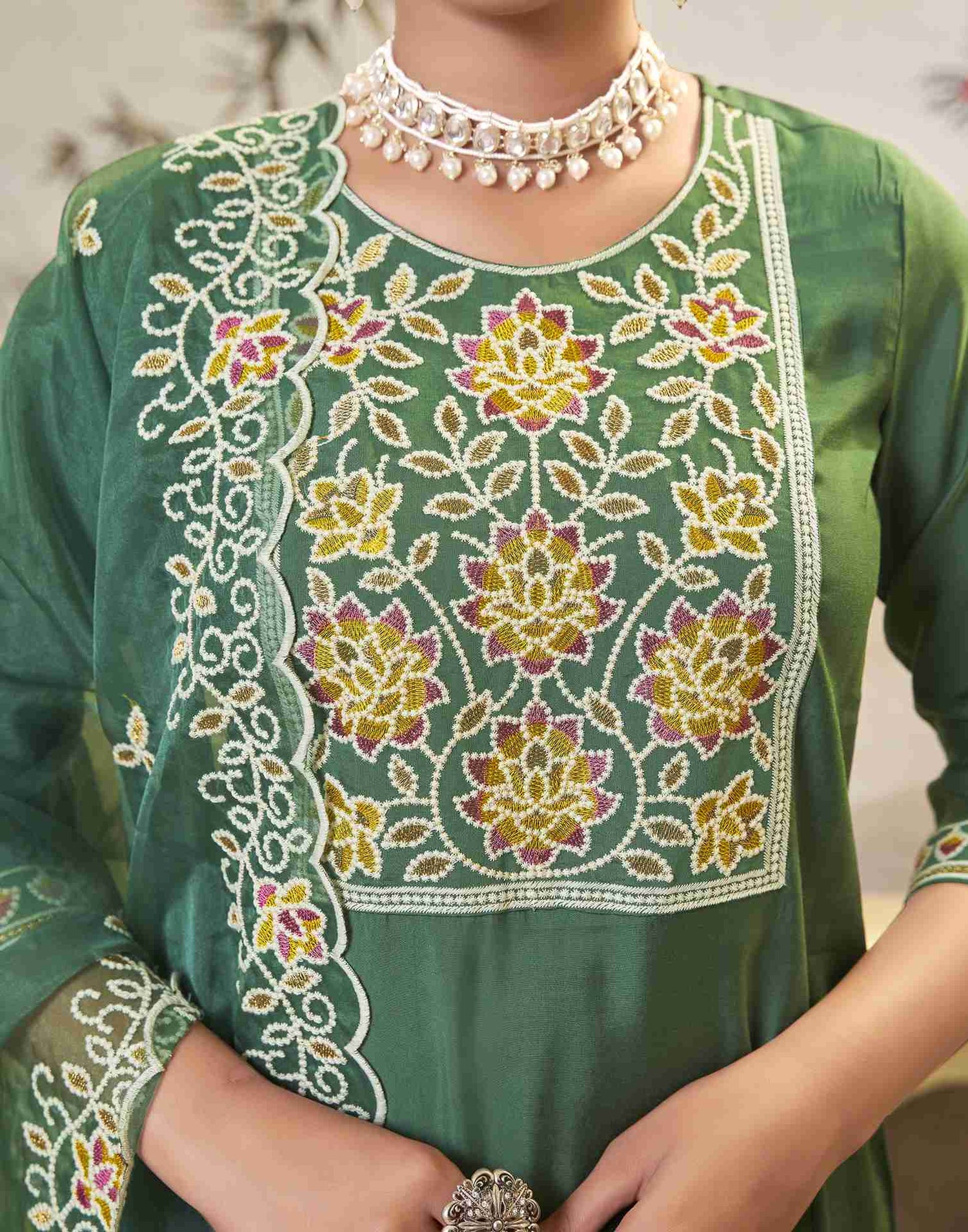 Pista Green Embroidery Chinnon Straight Kurta Set With Dupatta