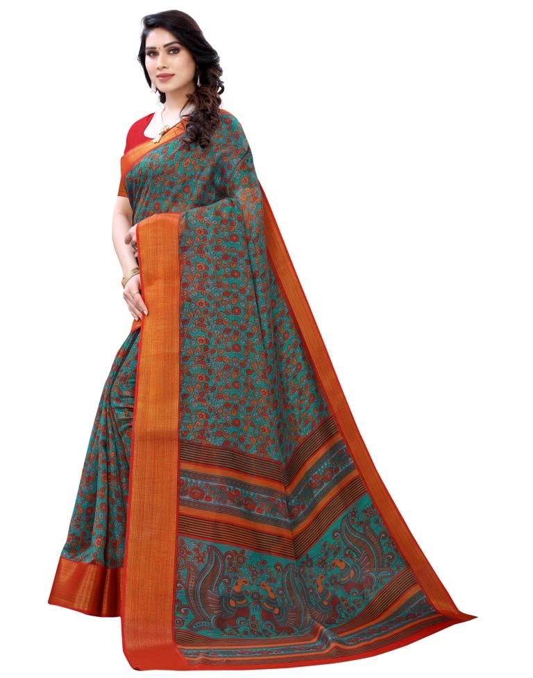 Teal Blue Coloured Poly Cotton Floral Printed Casual saree | Sudathi