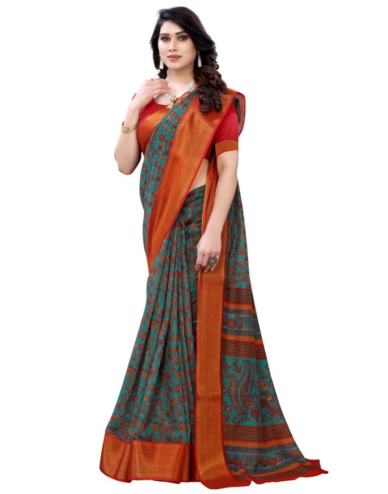 Teal Blue Coloured Poly Cotton Floral Printed Casual saree | Sudathi