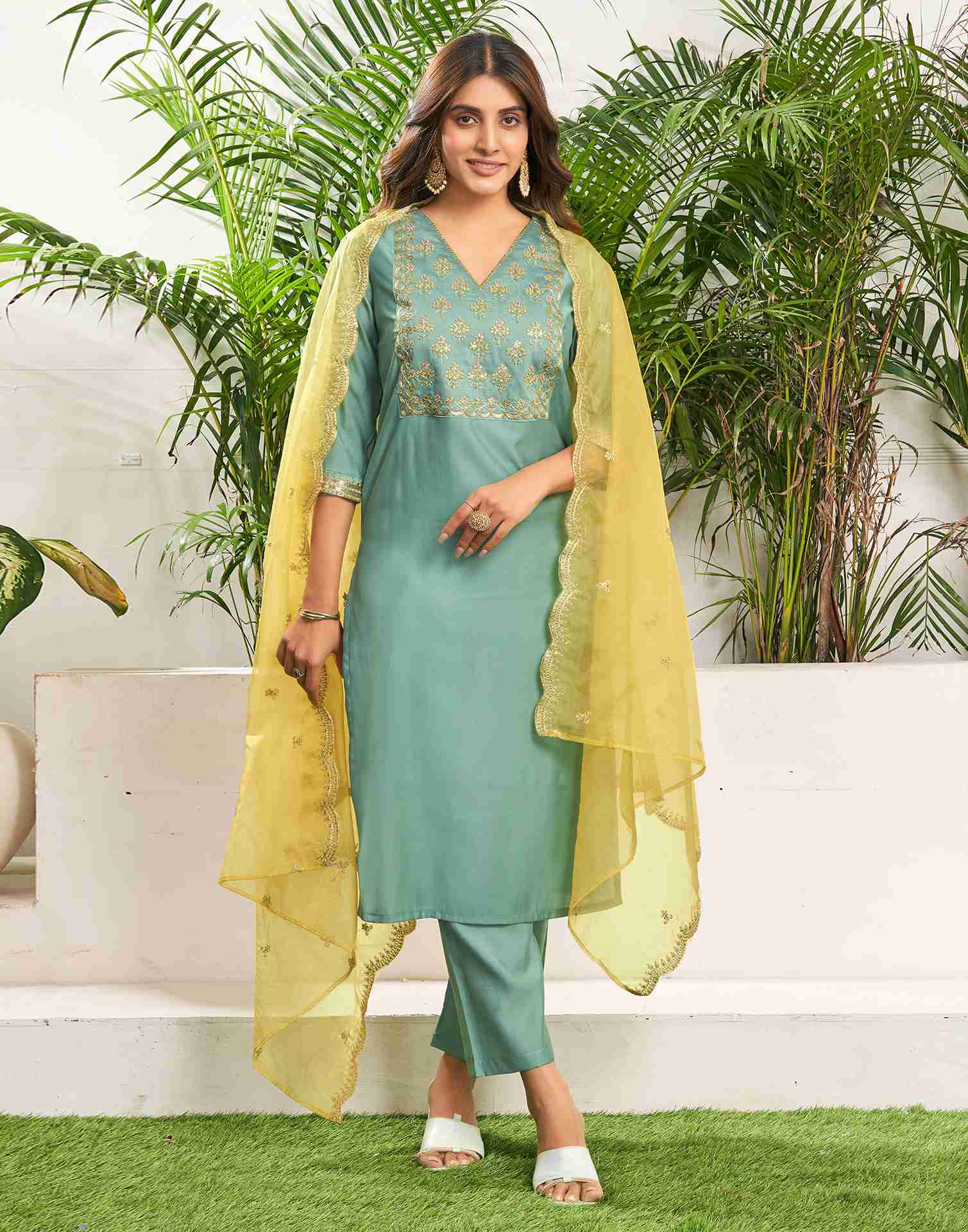 Pale Turquoise Silk Embroidery Straight Kurta Set With Dupatta