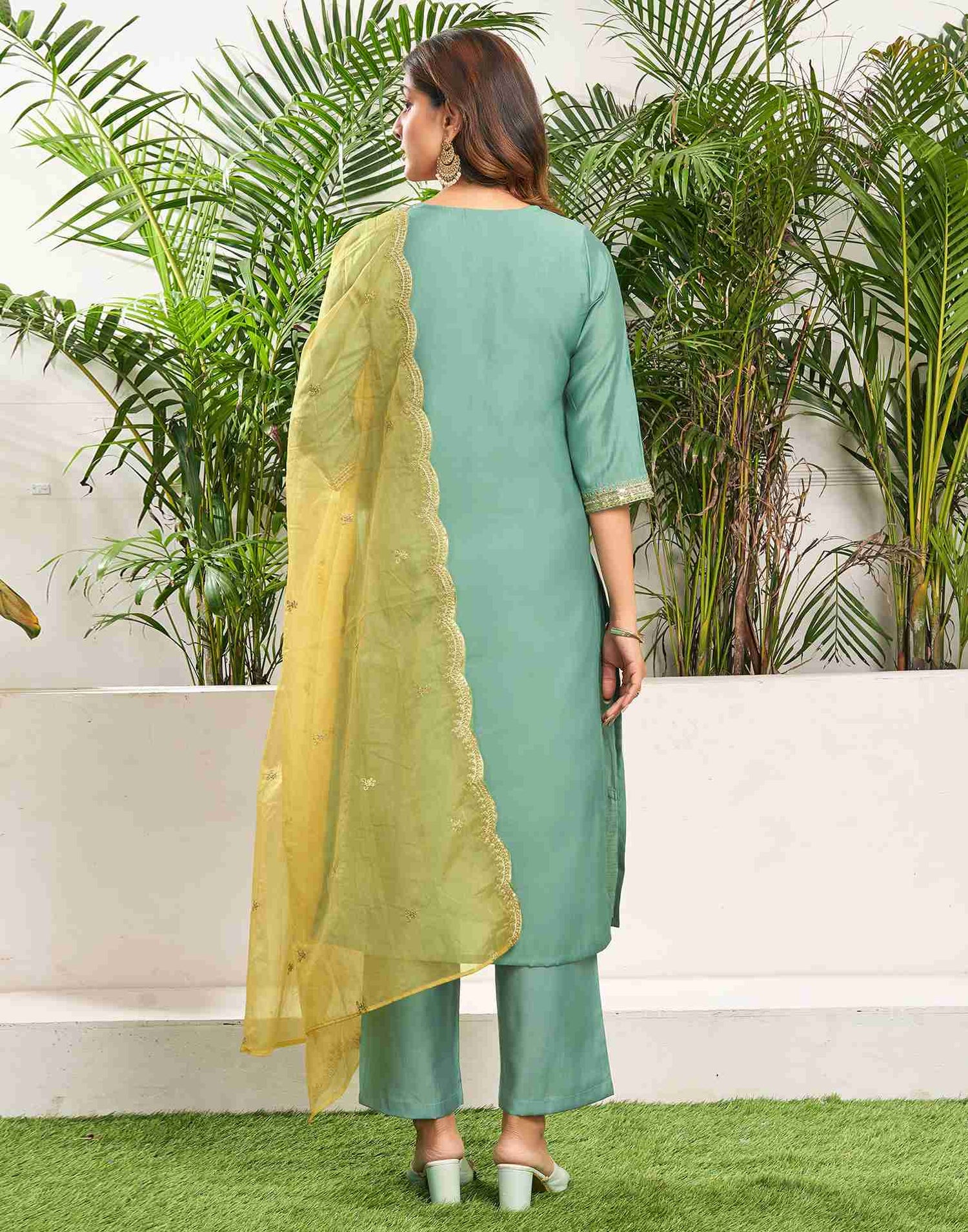 Pale Turquoise Silk Embroidery Straight Kurta Set With Dupatta