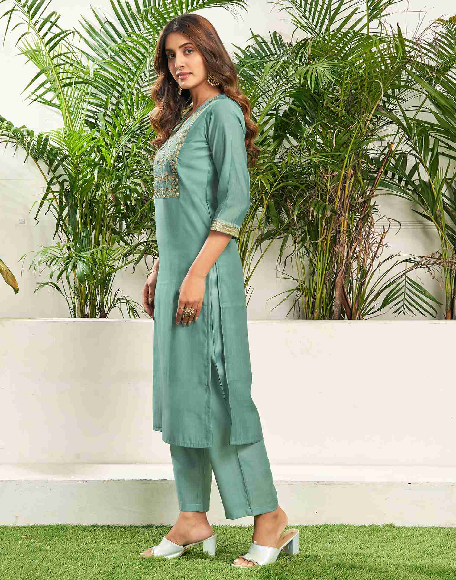 Pale Turquoise Silk Embroidery Straight Kurta Set With Dupatta