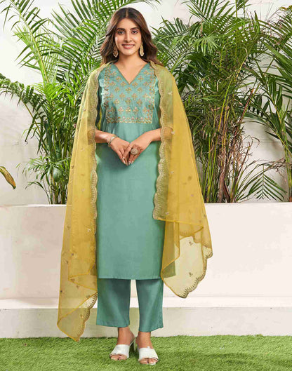 Pale Turquoise Silk Embroidery Straight Kurta Set With Dupatta