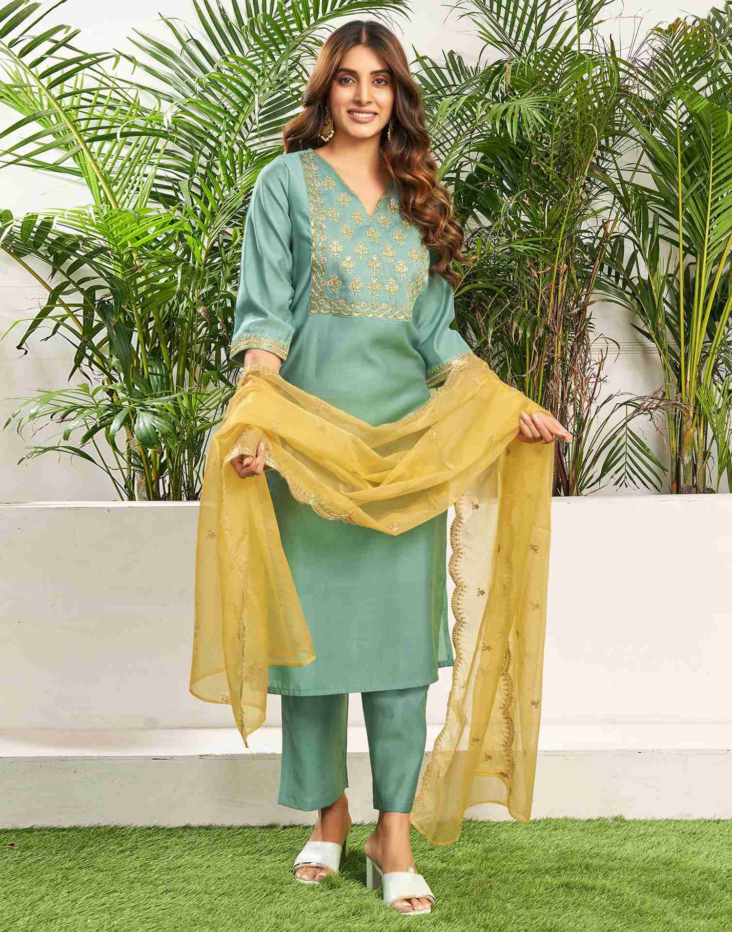 Pale Turquoise Silk Embroidery Straight Kurta Set With Dupatta