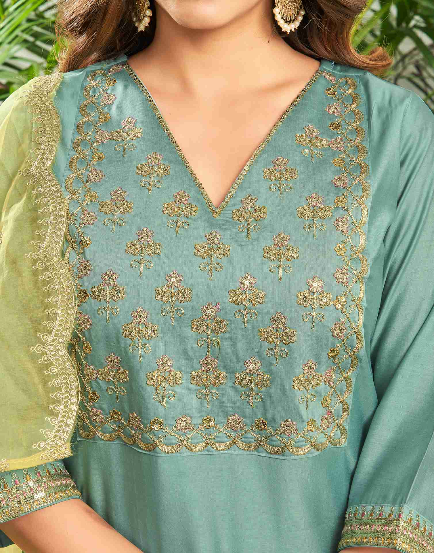 Pale Turquoise Silk Embroidery Straight Kurta Set With Dupatta