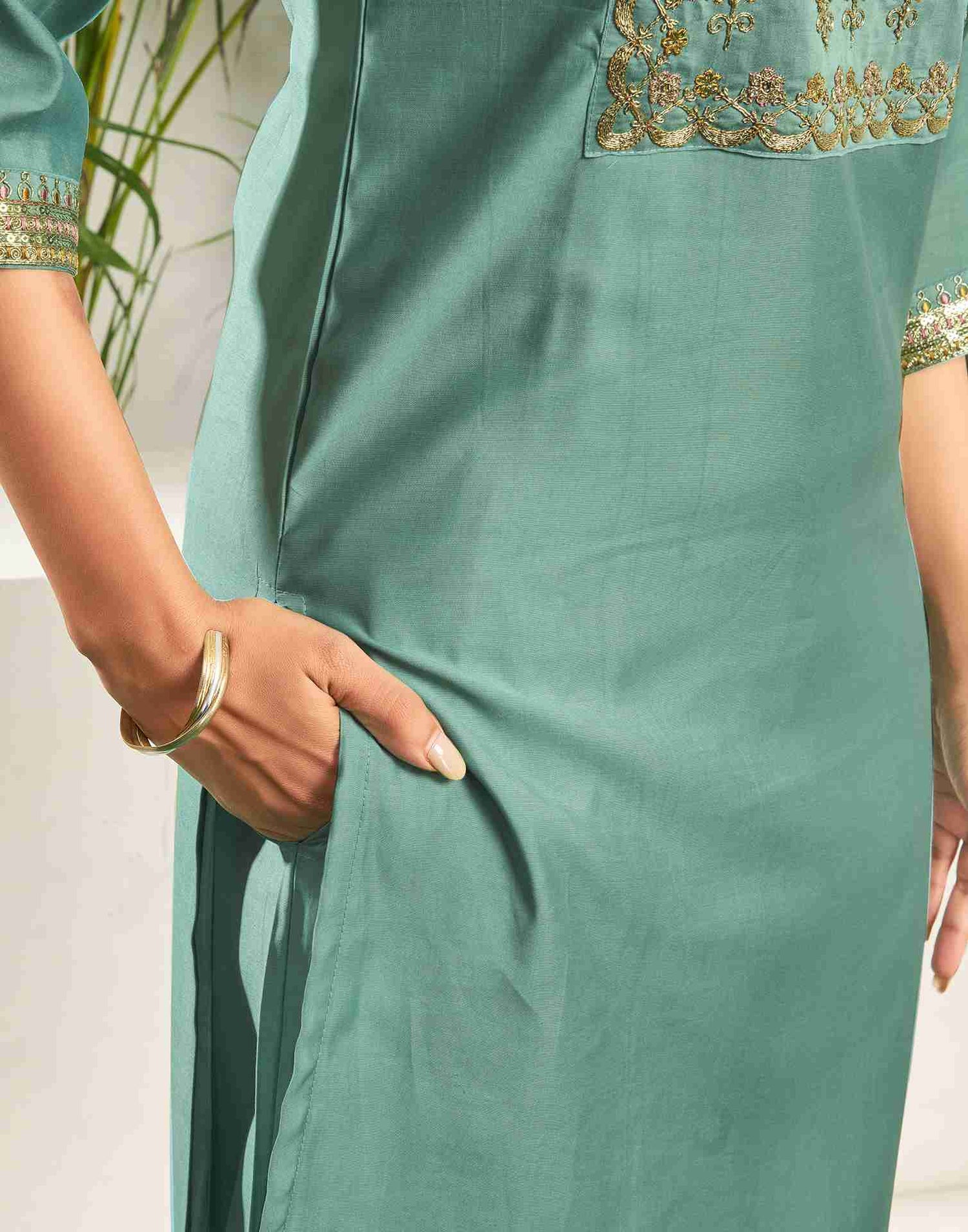 Pale Turquoise Silk Embroidery Straight Kurta Set With Dupatta