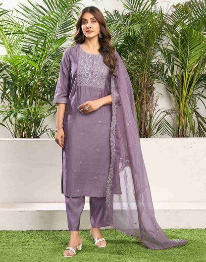 Dusty Purple Silk Embroidery Straight Kurta Set With Dupatta
