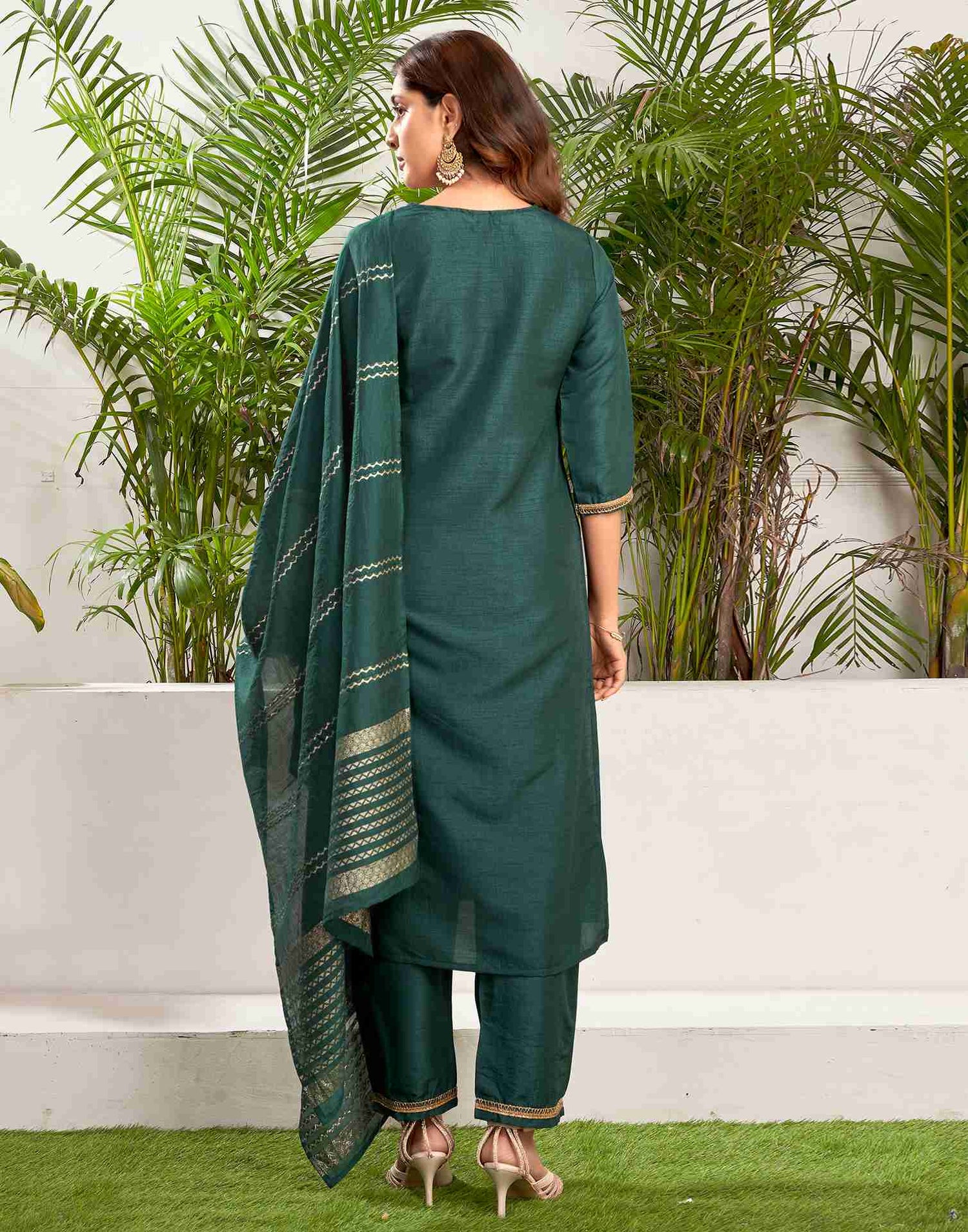 Dark Green Silk Woven Straight Kurta Set With Dupatta