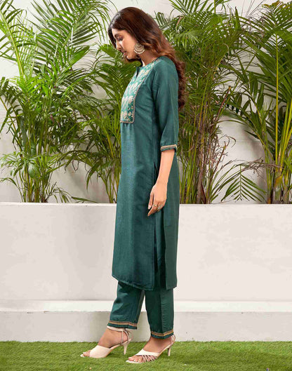 Dark Green Silk Woven Straight Kurta Set With Dupatta