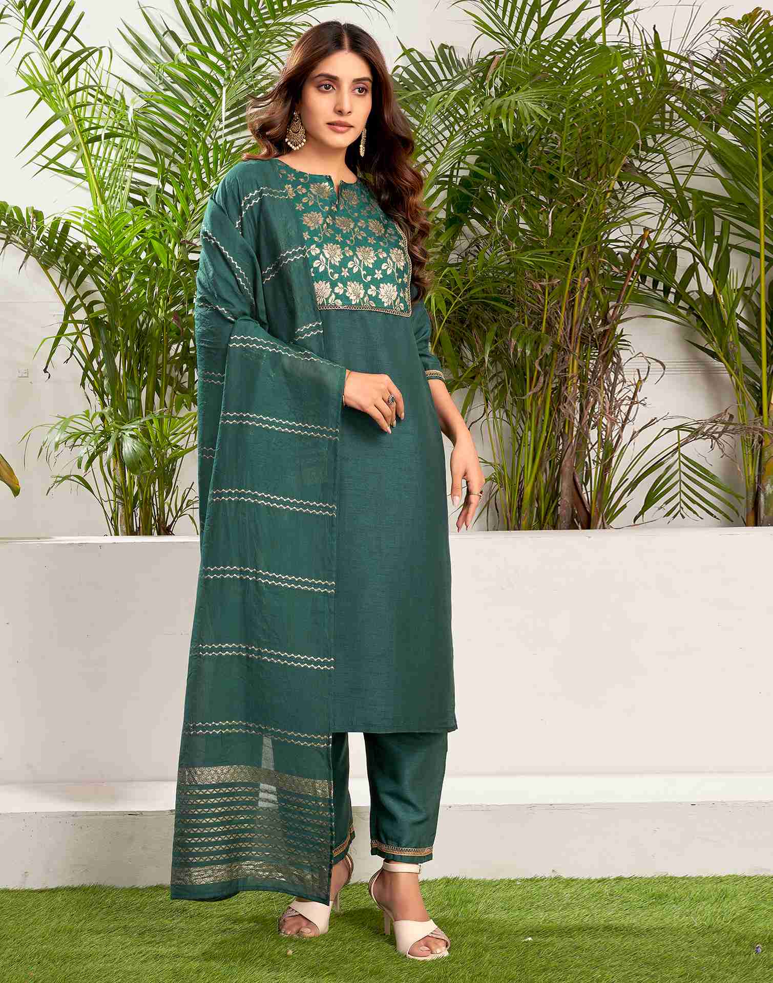 Dark Green Silk Woven Straight Kurta Set With Dupatta