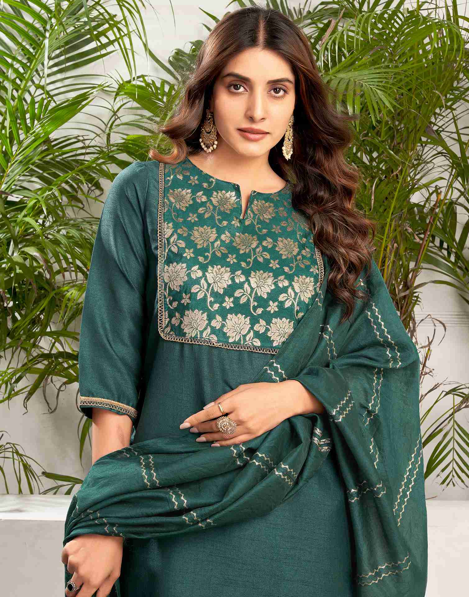 Dark Green Silk Woven Straight Kurta Set With Dupatta