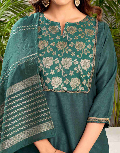 Dark Green Silk Woven Straight Kurta Set With Dupatta