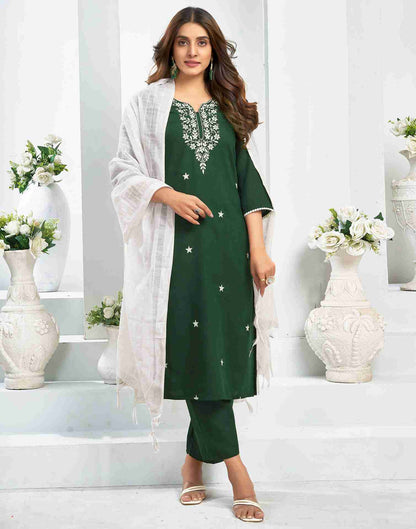 Dark green Cotton Embroidery Straight Kurta Set With Dupatta