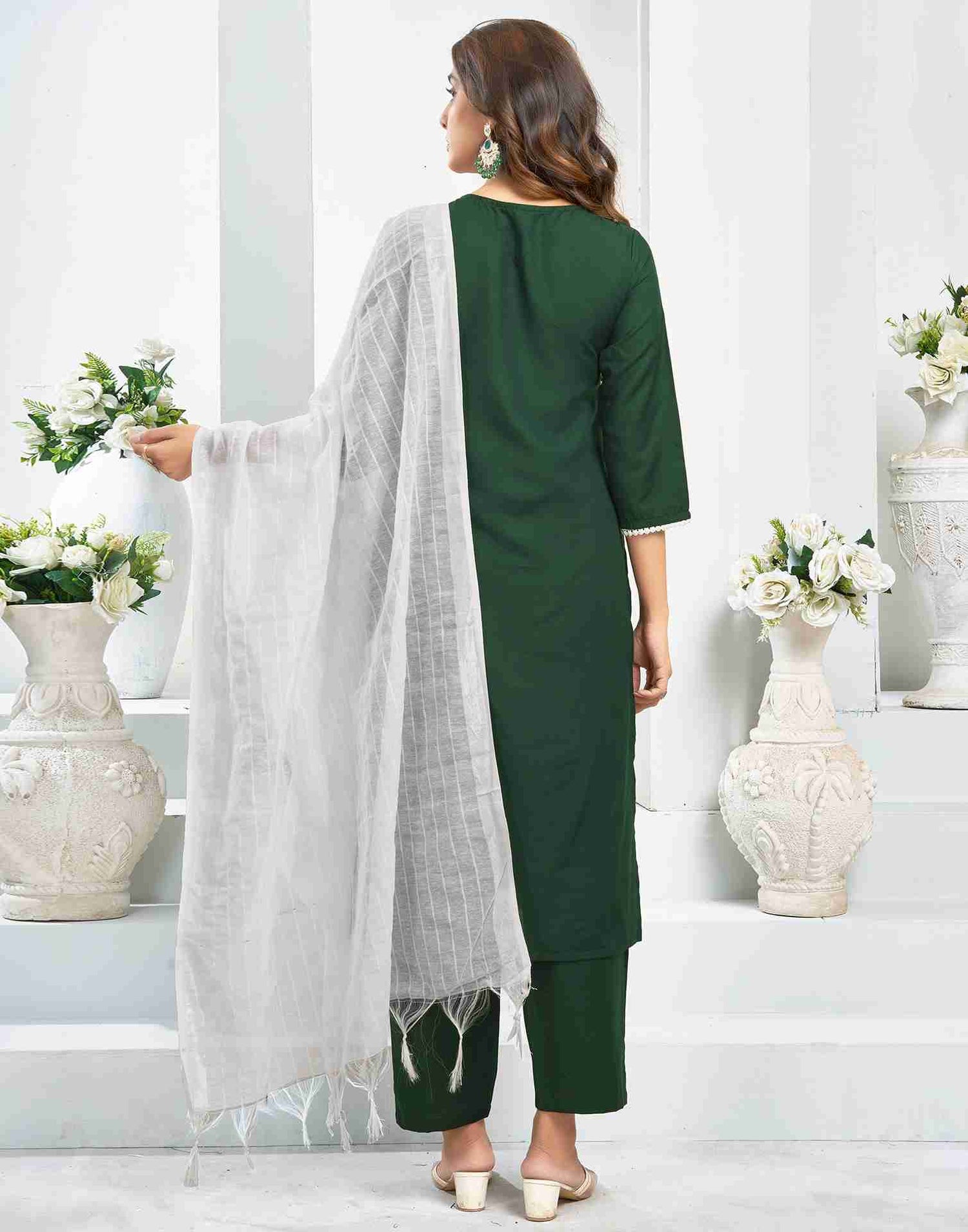 Dark green Cotton Embroidery Straight Kurta Set With Dupatta