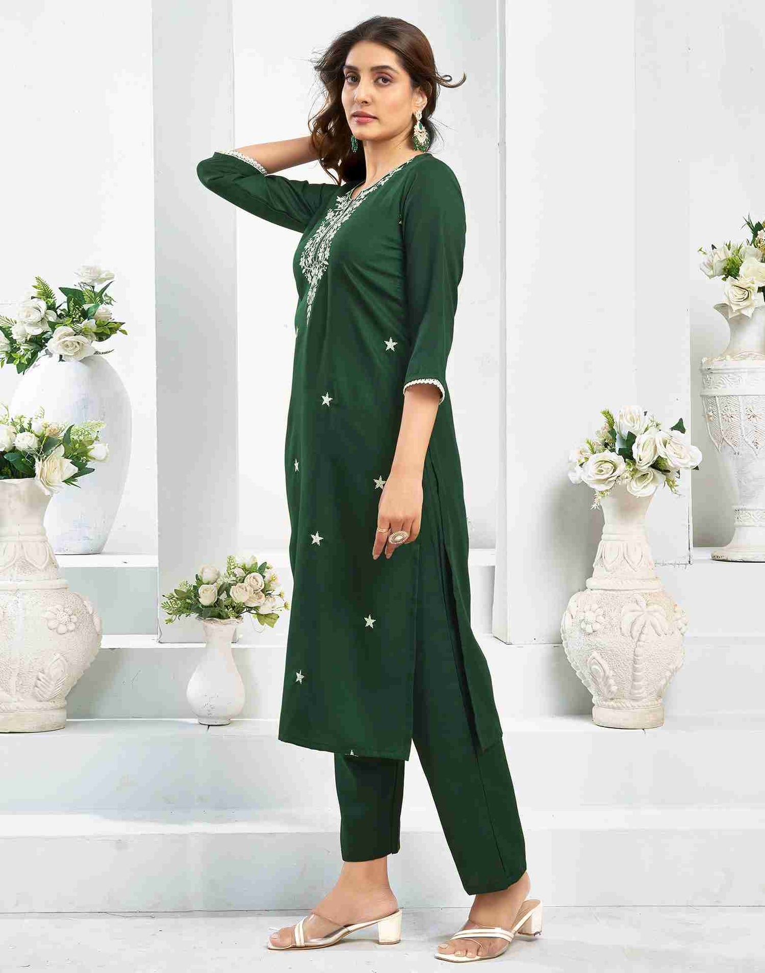 Dark green Cotton Embroidery Straight Kurta Set With Dupatta