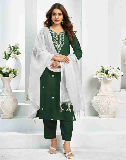 Dark green Cotton Embroidery Straight Kurta Set With Dupatta