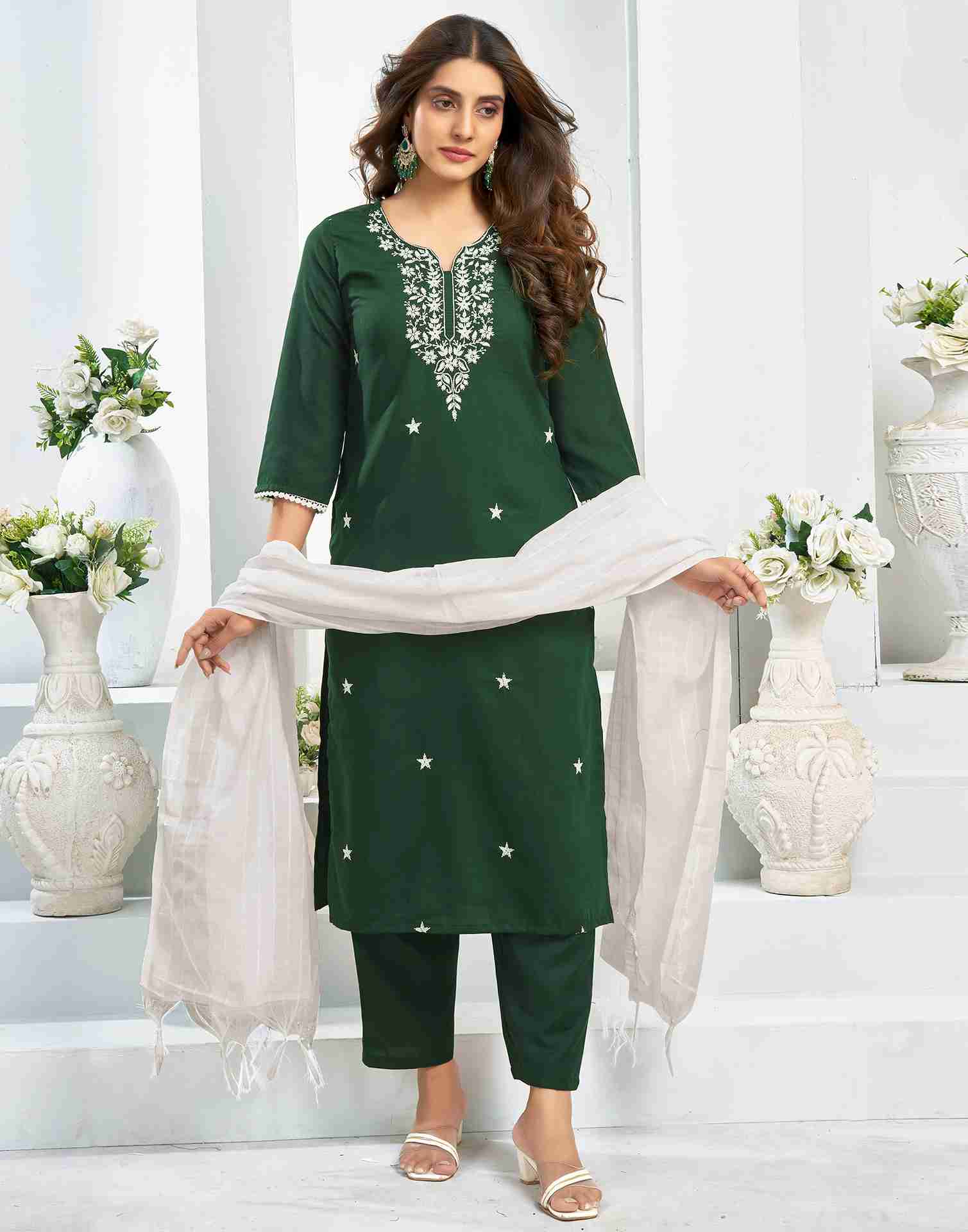 Dark green Cotton Embroidery Straight Kurta Set With Dupatta