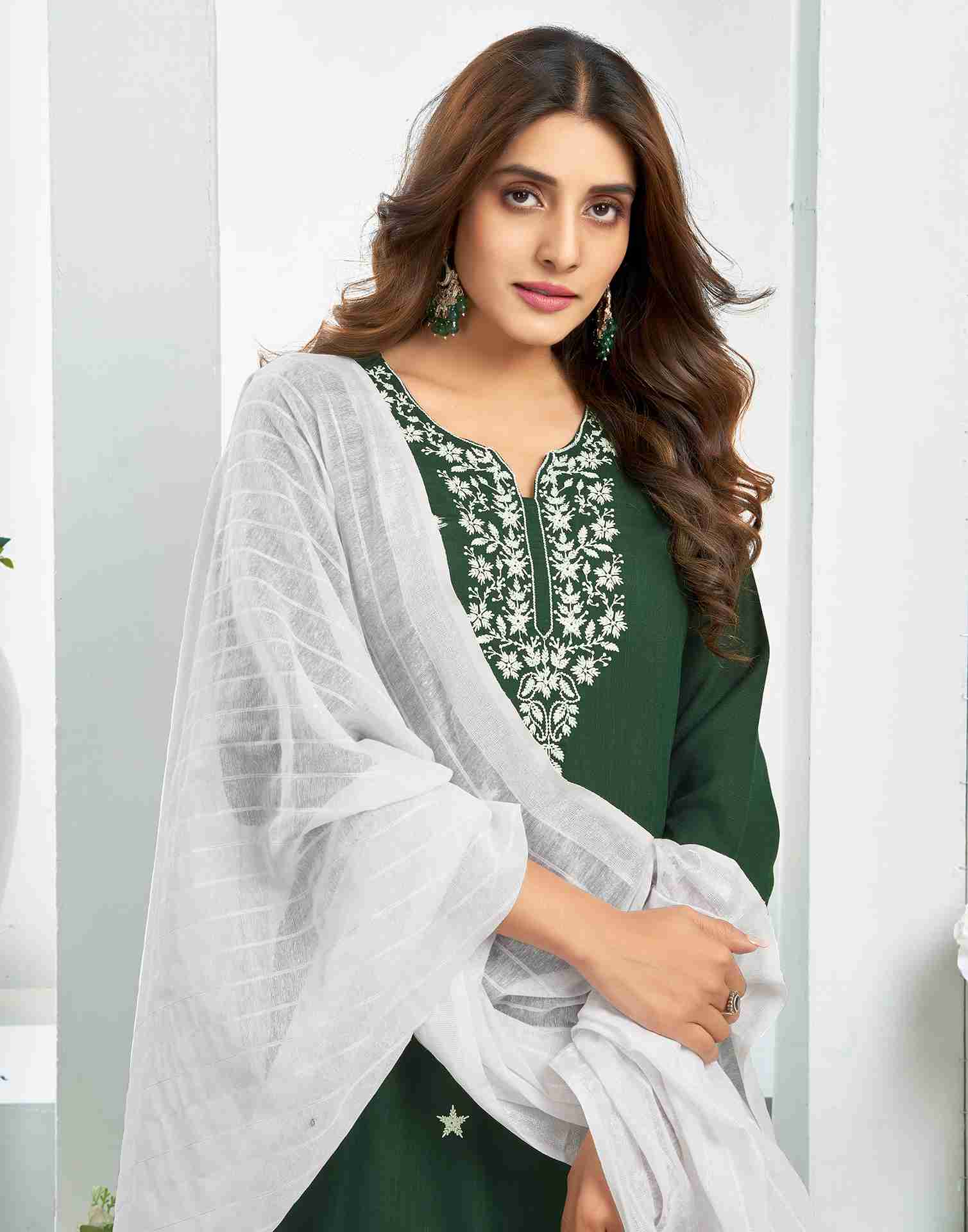 Dark green Cotton Embroidery Straight Kurta Set With Dupatta