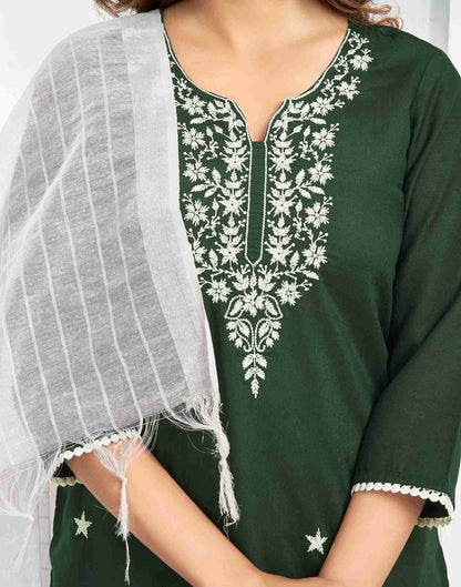 Dark green Cotton Embroidery Straight Kurta Set With Dupatta