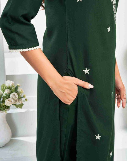 Dark green Cotton Embroidery Straight Kurta Set With Dupatta