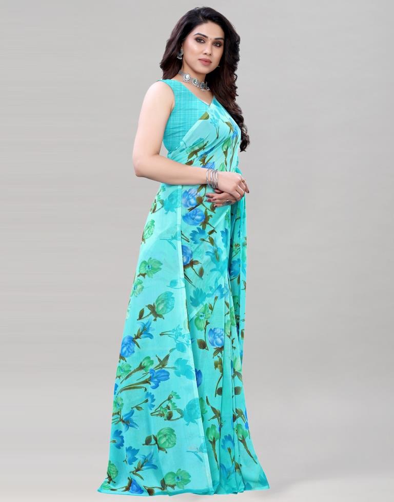 Turquoise Green Printed Saree | Sudathi