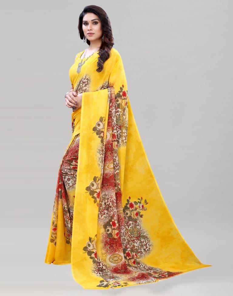 Modish Yellow Printed Saree | Sudathi