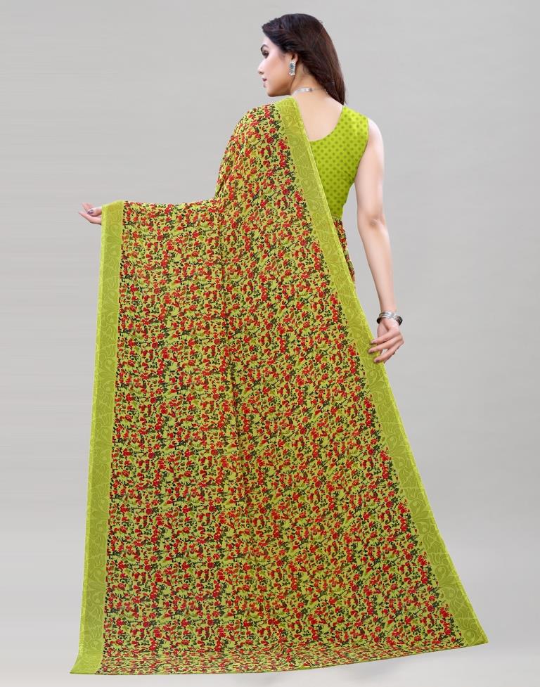 Olive Green Coloured Printed Georgette Saree | Sudathi