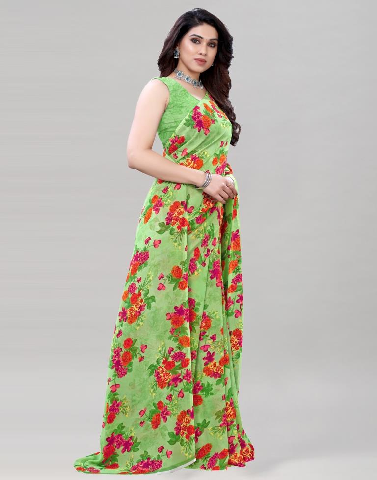 Parrot Green Coloured Georgette Floral Printed Casual saree | Sudathi