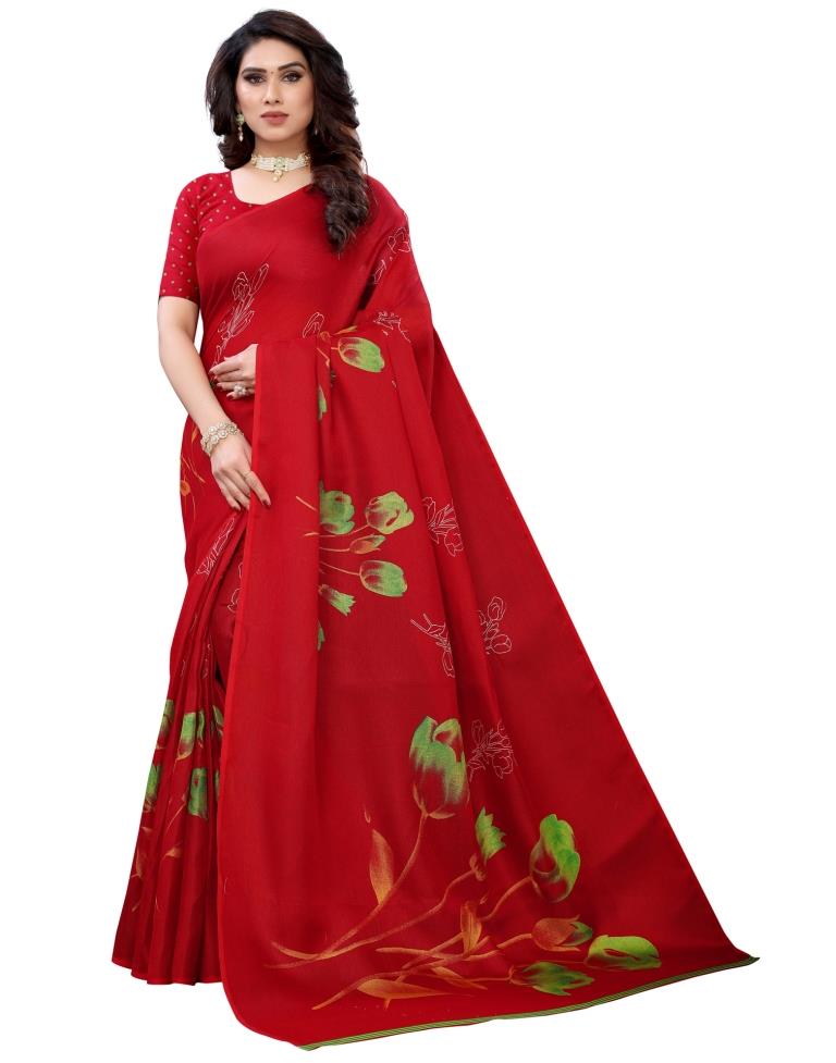 Red Coloured Poly Jute Floral Printed Casual saree | Sudathi