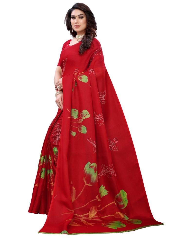 Red Coloured Poly Jute Floral Printed Casual saree | Sudathi