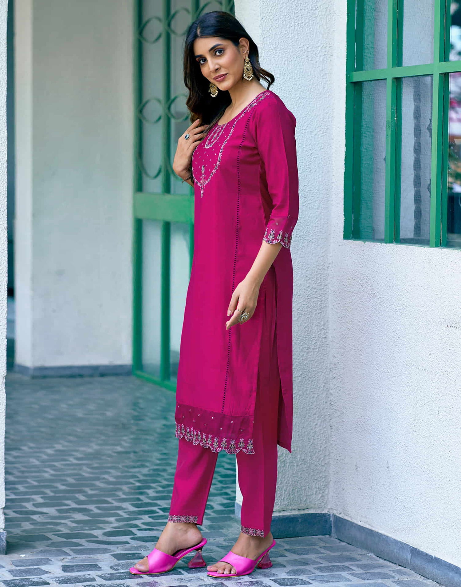 Rani Pink Sequence Silk Straight Kurta With Pant And Dupatta