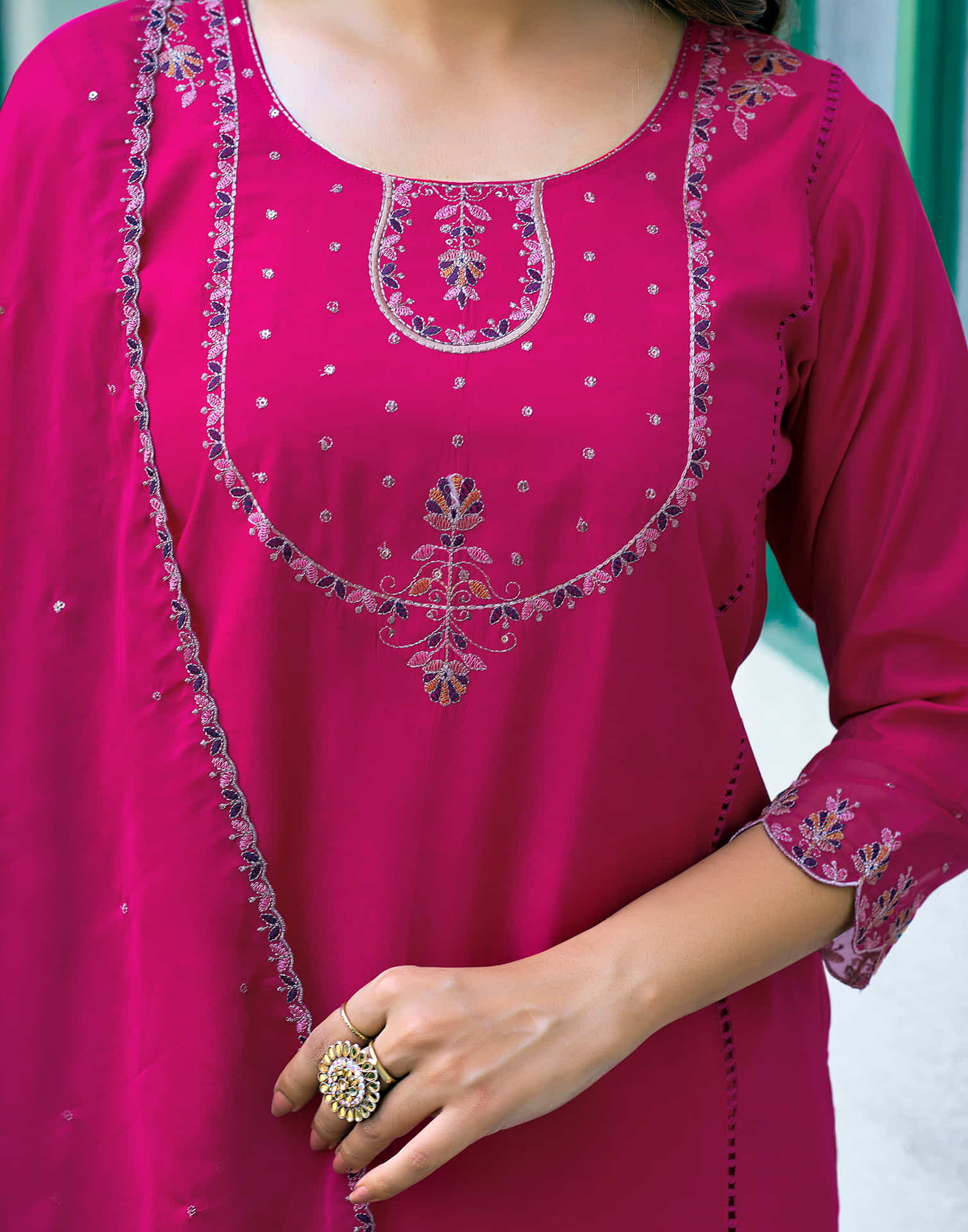 Rani Pink Sequence Silk Straight Kurta With Pant And Dupatta