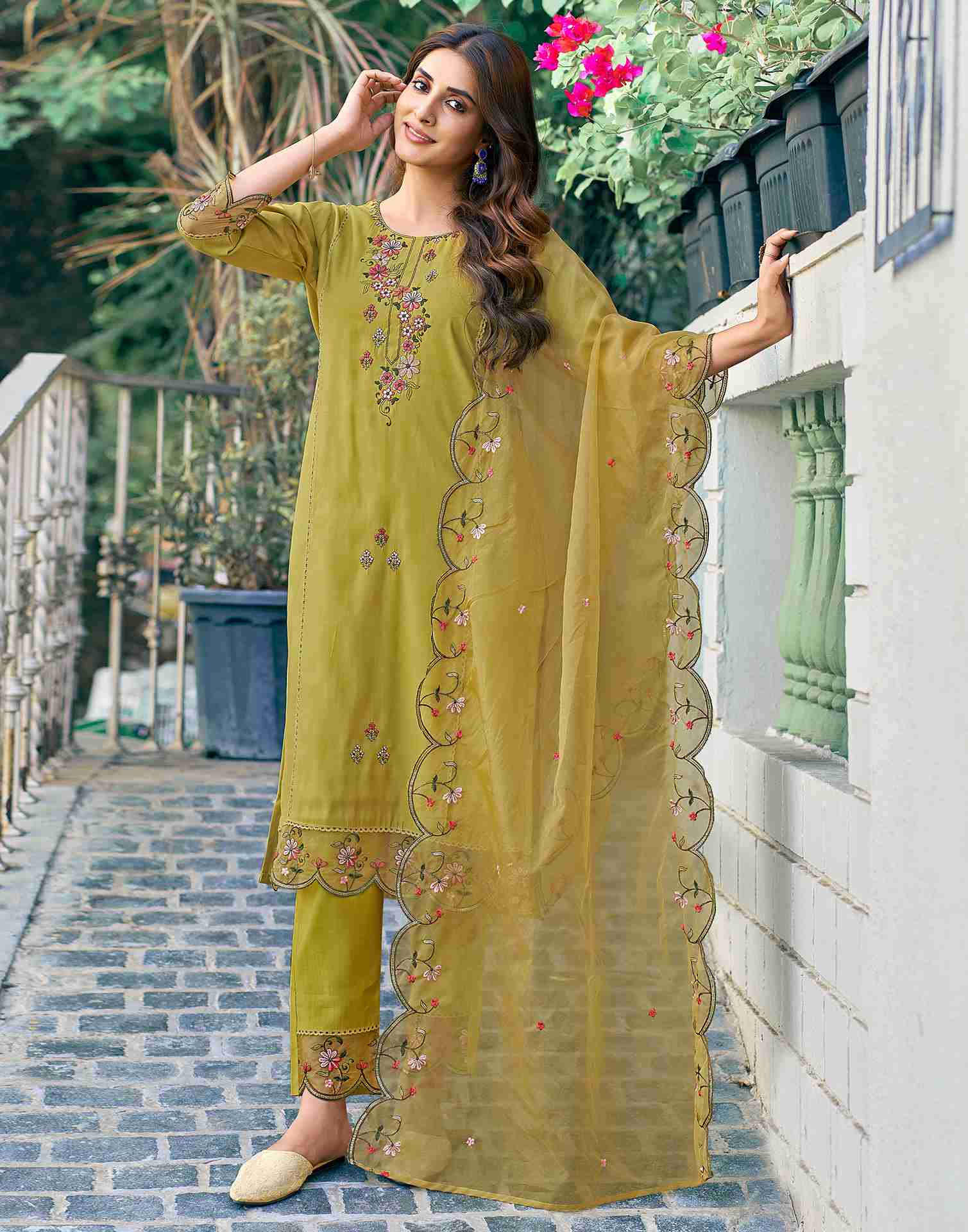 Mustard Yellow Embroidery Silk Straight Kurta Set With Dupatta