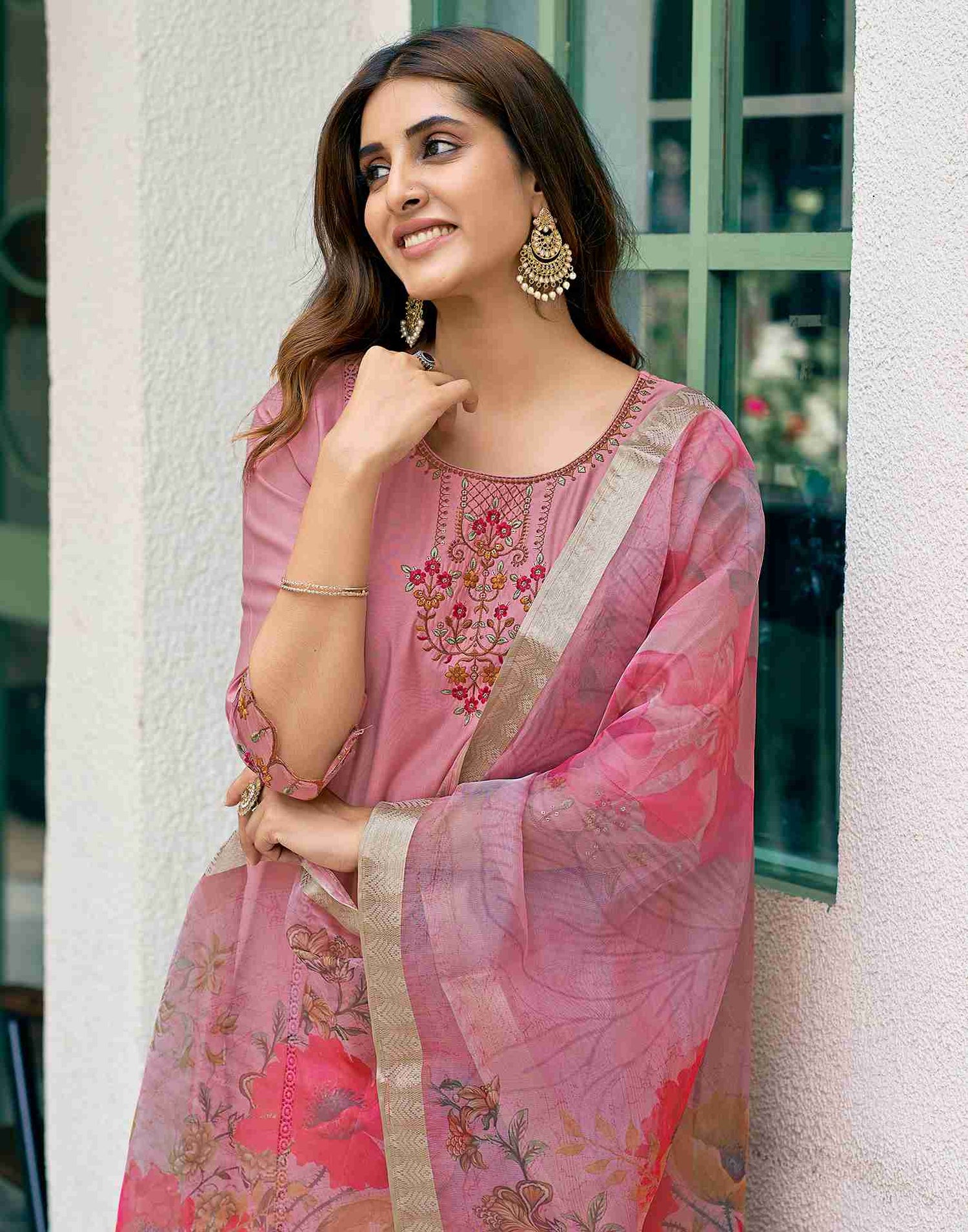 Dusty Pink Silk Embroidery Straight Kurta Set With Dupatta