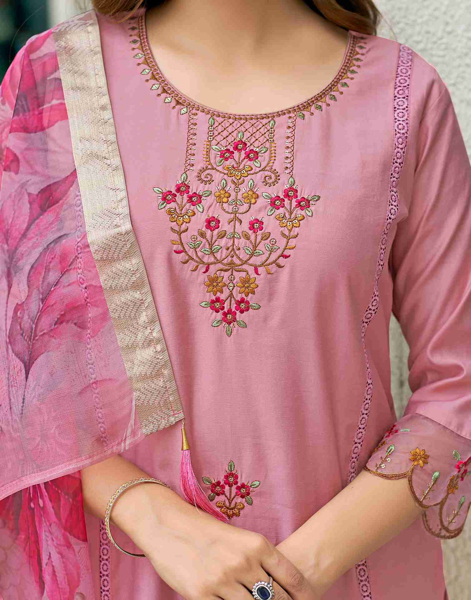 Dusty Pink Silk Embroidery Straight Kurta Set With Dupatta