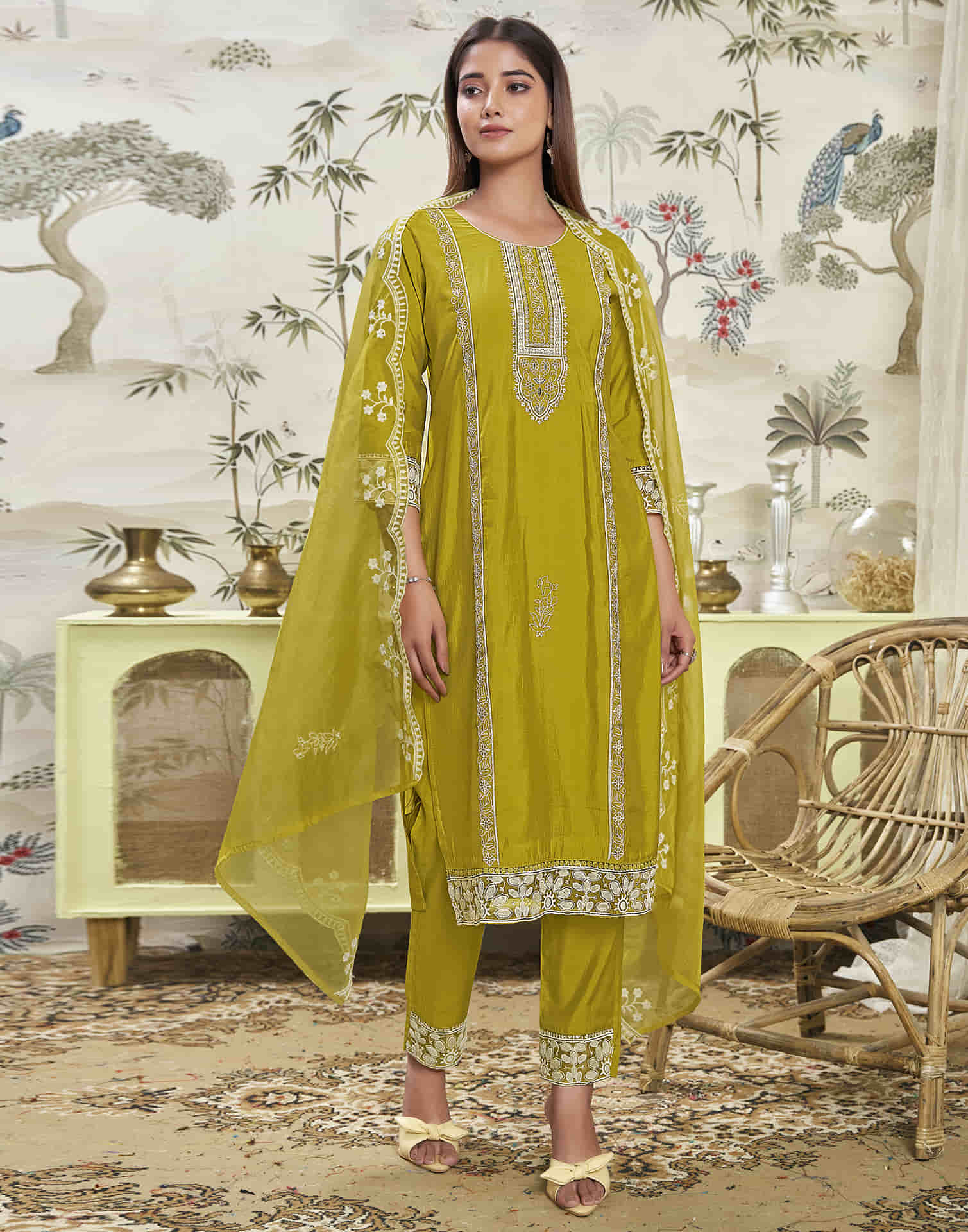 Mustard Green Silk Sequence Straight Kurta Set With Dupatta