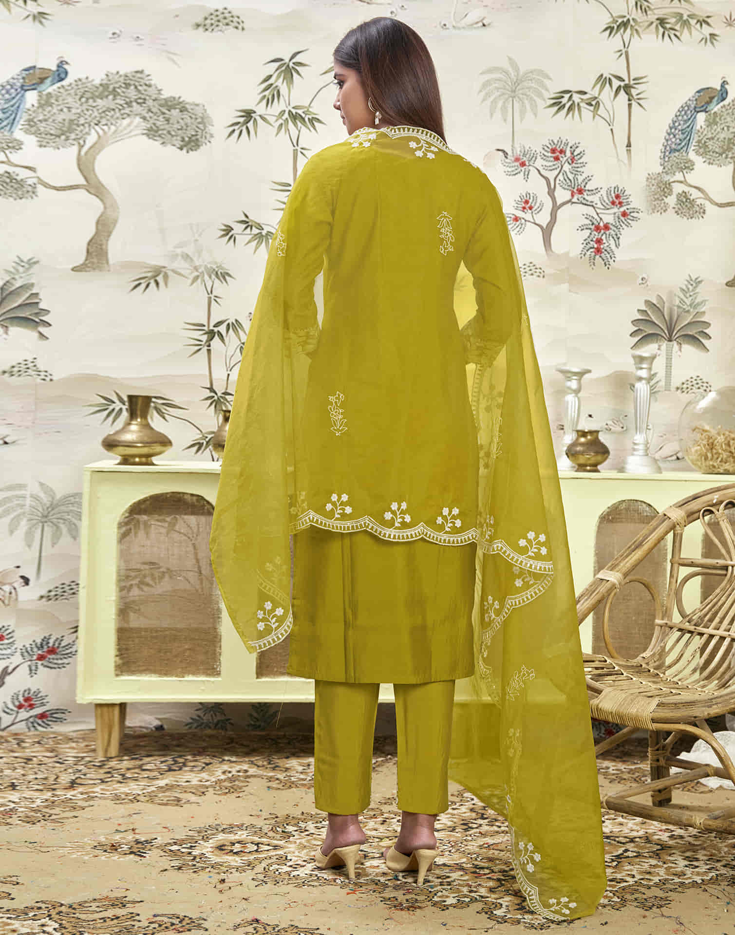 Mustard Green Silk Sequence Straight Kurta Set With Dupatta