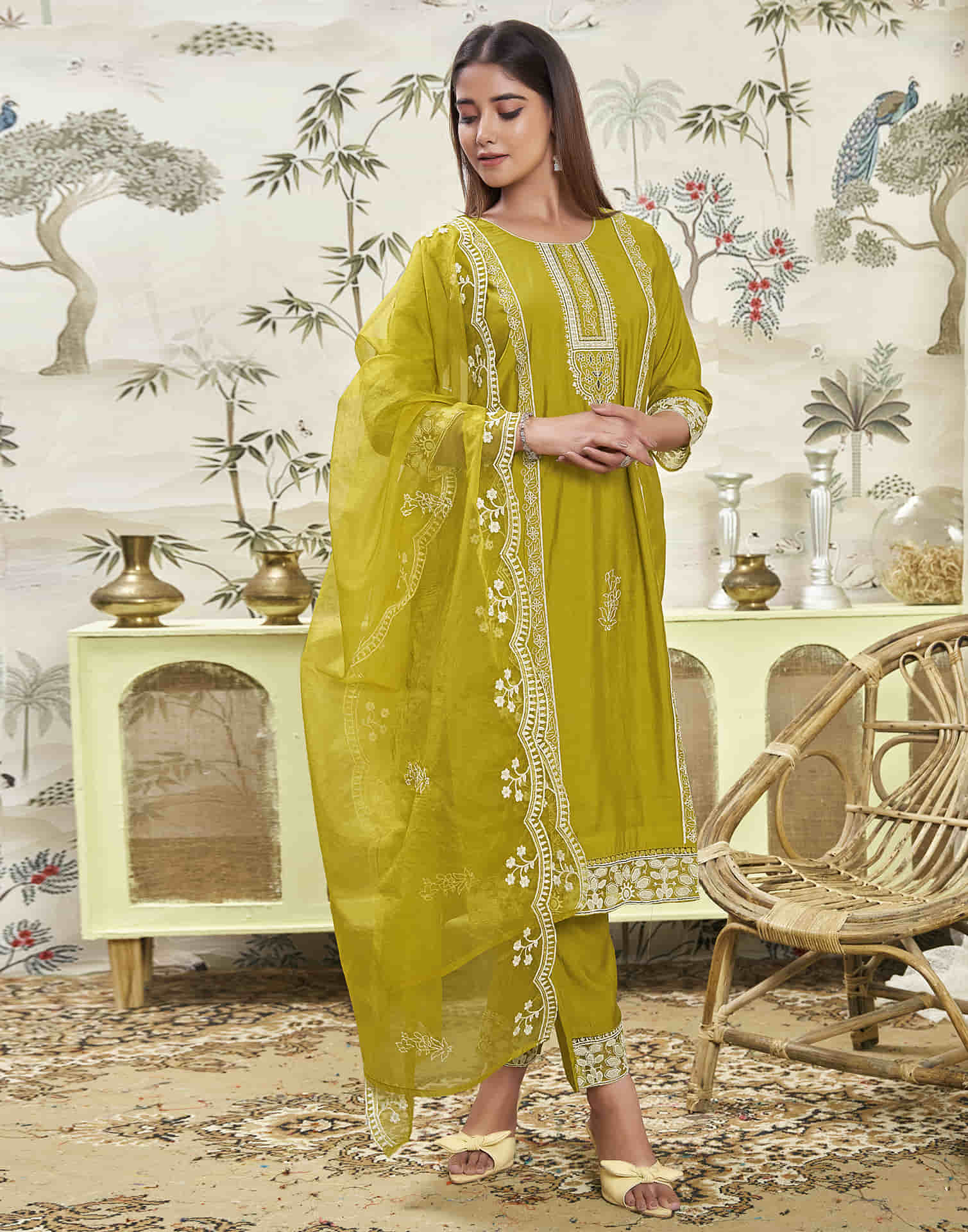 Mustard Green Silk Sequence Straight Kurta Set With Dupatta