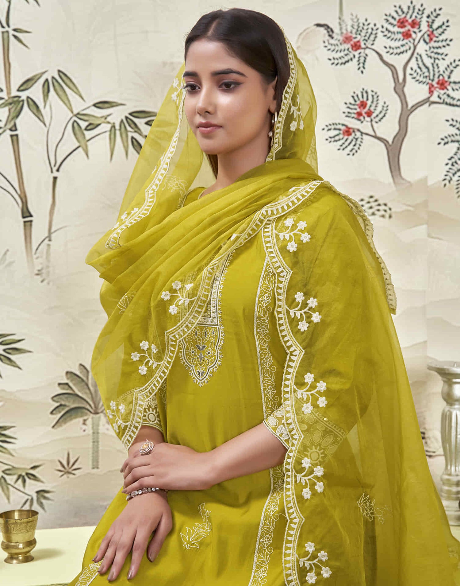 Mustard Green Silk Sequence Straight Kurta Set With Dupatta